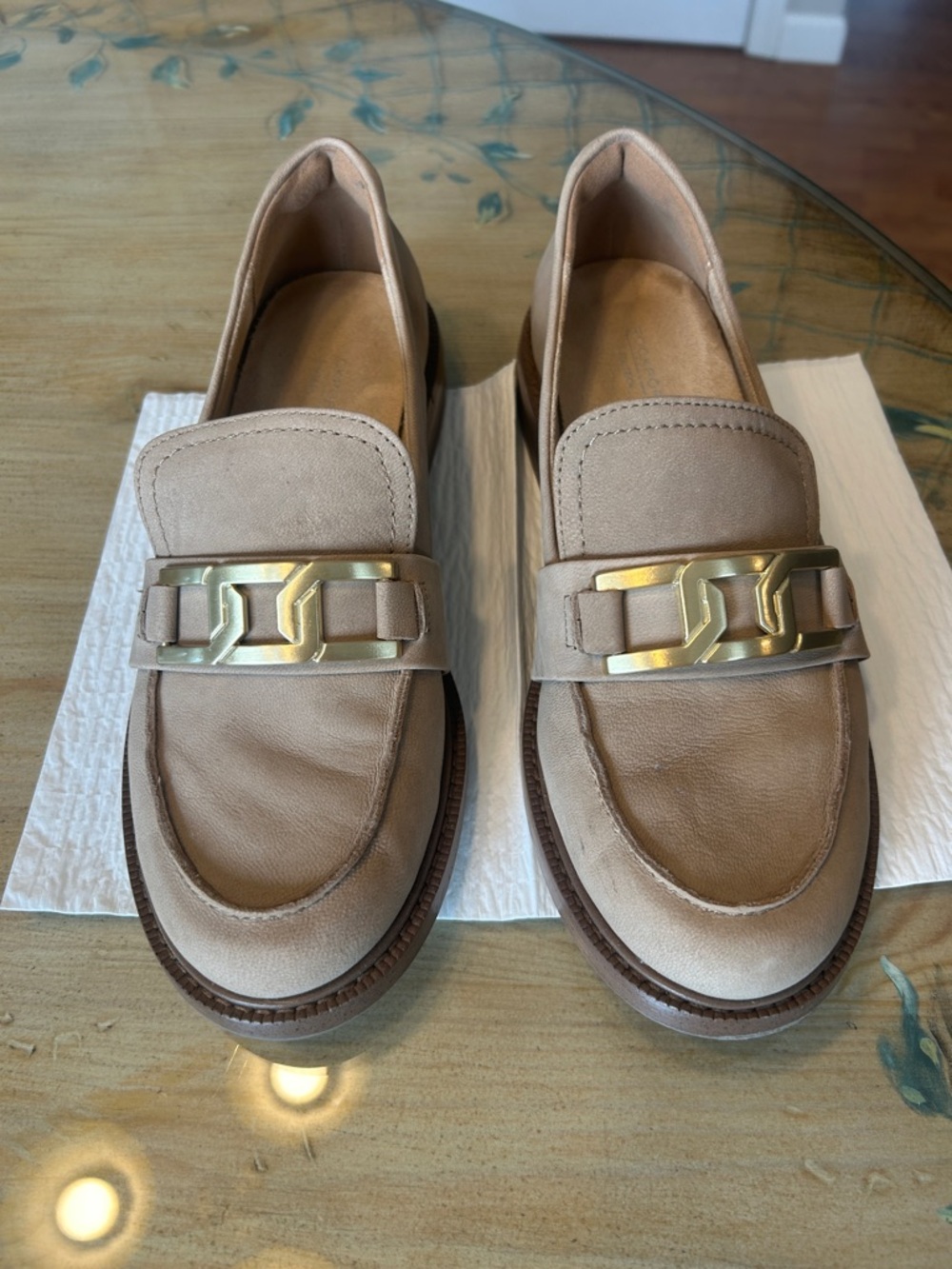 Rockport Beige Loafers with Gold Chain Accent